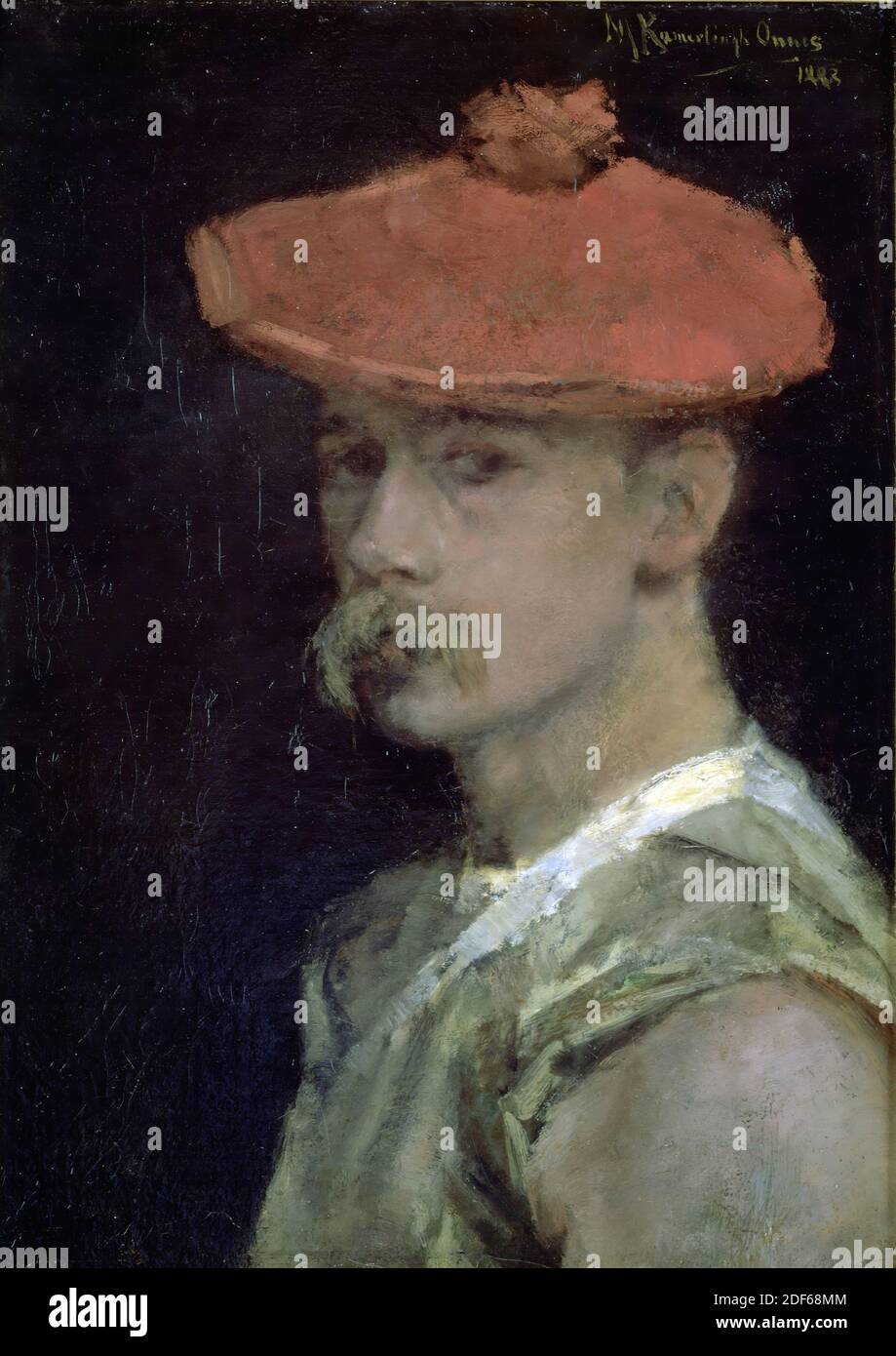 Gemälde, Menso Kamerlingh Onnes, 1888, Signaturfront, oben rechts: M. Kamerlingh Onnes 1888, Leinwand, Ölfarbe, bemalt, Allgemein (Maße nach Katalog 1983): 67 x 53cm (670 x 530mm), mit Rahmen: 93.8 × 73 , 7 × 6cm (938 × 737 × 60mm), Selbstporträt, Männerportrait, Gemälde mit einem strohbedeckten Bauernhaus aus Südholland. Ein weiß getünchtes Strohlager wurde gegen die Farm gebaut. Auf diesem Strohboden ist ein Bauer in einem blauen Kittel gekleidet und spaltet einige alte Bretter. Rechts im Vordergrund teilweise geschnittene Büsche, hinter denen ein Heuhaufen zu sehen ist. Signiert unten rechts. Der Stockfoto