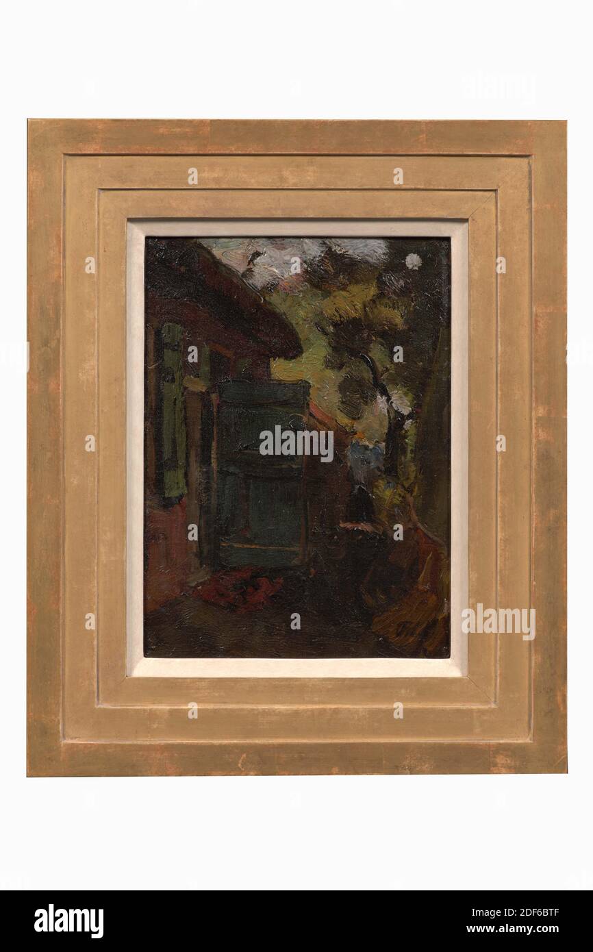 Gemälde, Floris Verster, 1885, Signatur vorne, unten rechts: FL. V, Tafel, Rückseite: Floris Verster 1885, Leinwand, Tafel, Ölfarbe, bemalt, Träger: 32.5 × 23.7 × 0,5cm (325 × 237 × 5mm), mit Rahmen: 47.5 × - 38.8 × 3cm (475 × 388 × 30mm), Gebäude, Baum, Gemälde mit Schuppen. Im linken Vordergrund befindet sich ein Schuppen mit einer offenen, grün bemalten Tür. Es gibt weitere Gebäude weiter oben. Rechts ein Pfad mit Bäumen und einer Pumpe. Signiert unten rechts; auch auf der Rückseite signiert. Das Gemälde ist in einem goldfarbenen Holzrahmen mit weiß lackiertem Innenrand, 1954 Stockfoto