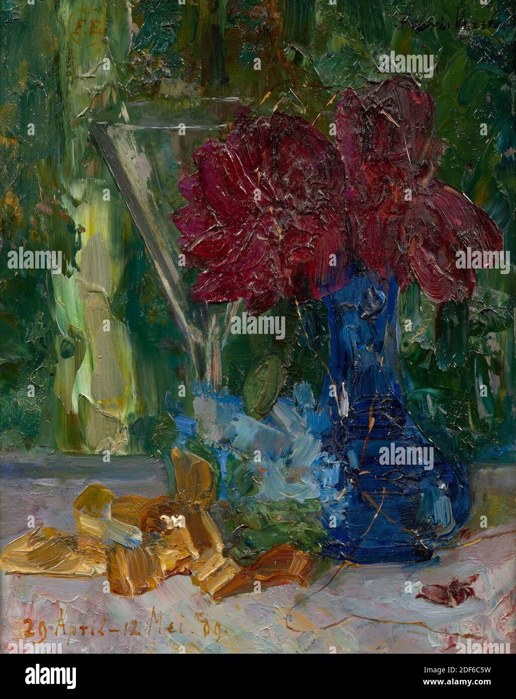 Gemälde, Floris Verster, April-Mai 1909, Signatur vorne, unten links: April 29-Mai 12 '09, vorne, oben links: Z.B. [Im Herzen], vorne, oben rechts: Floris Verster, Tafel, Ölfarbe, lackiert, Träger: 23.8 × 18.5 × 1,5 cm (238 × 185 × 15 mm), mit Rahmen: 37.5 32.6 × 2,2 cm (375 × 326 × 22 mm), Stillleben, Rose, 1941, 1939 Stockfoto