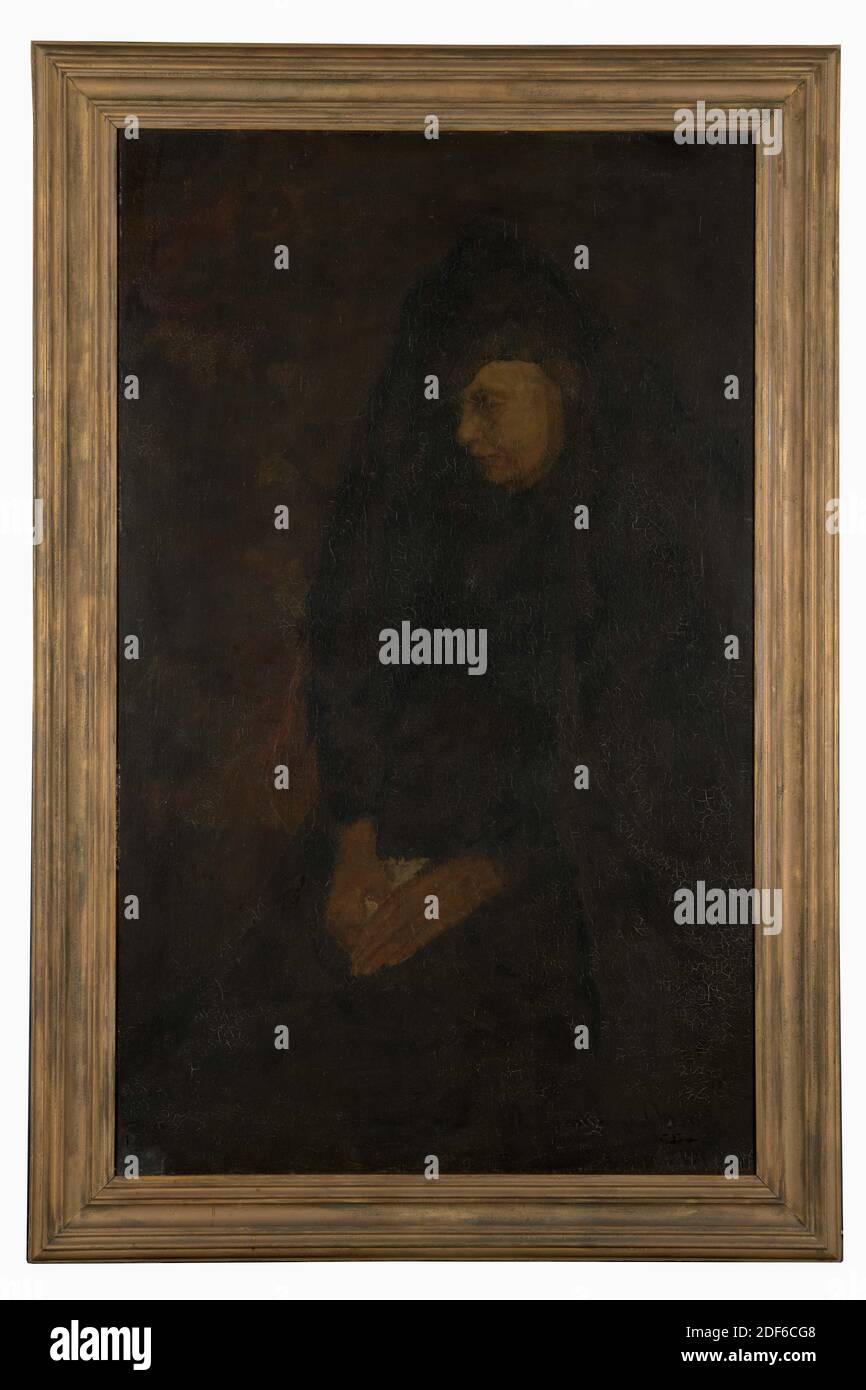 Malerei, Menso Kamerlingh Onnes, c. 1890, Unterschrift vorne, unten rechts: M, Leinwand, Ölfarbe, bemalt, Träger: 159 × 99 × 2.5cm 1590 × 990 × 25mm, mit Rahmen: 184.5 × 118 × 6cm 1845 × 1180 × 60mm, Frauenporträt, Frauenporträt: Anna Gerdina Coers, die Mutter des Malers, im fortgeschrittenen Alter. Sie ist bis auf die Knie abgebildet, fast ganz nach links gedreht und schaut nach unten. Sie hält ein Taschentuch in der rechten Hand und legt es links auf ihren Schoß. Sie trägt einen schwarzen Schleier über ihrem Kopf und ist in eine schwarze Robe gekleidet. Sie wird vor einem dunklen Hintergrund gezeigt. Unterer Unterteil mit Unterschrift Stockfoto