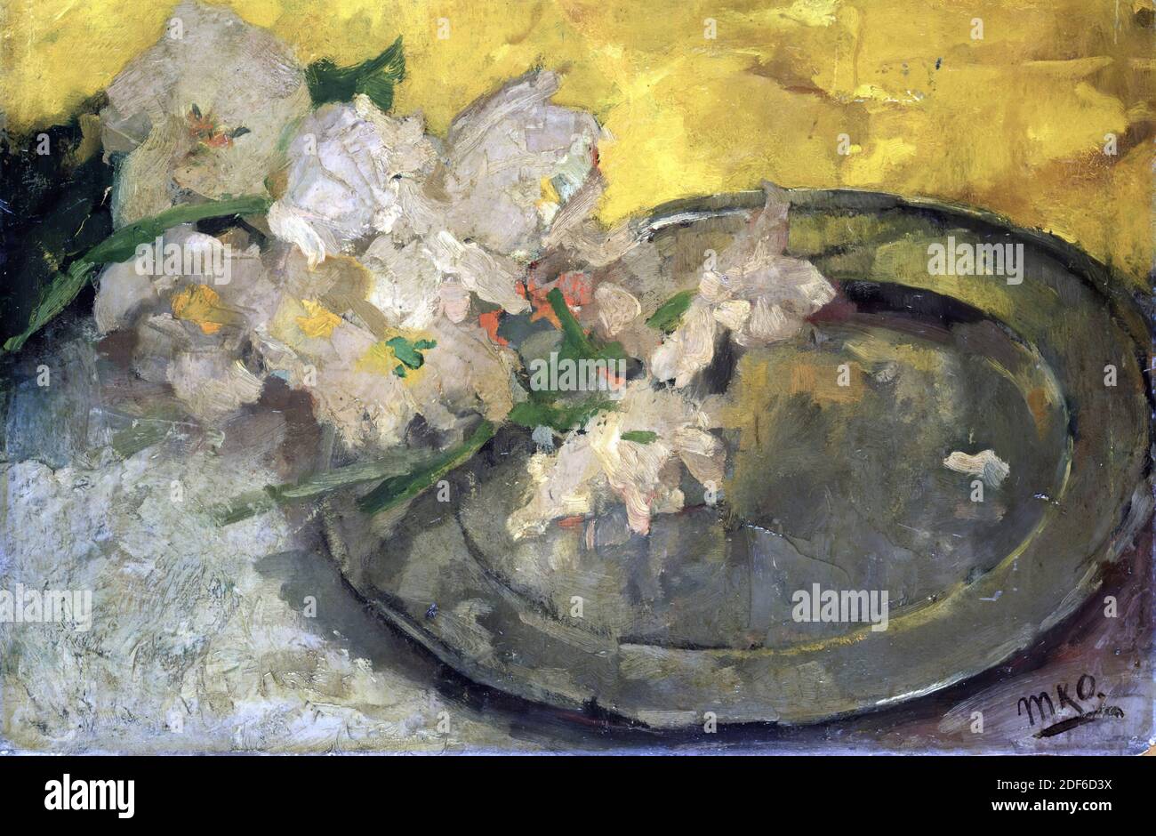 Gemälde, Menso Kamerlingh Onnes, zweite Hälfte 19. Jahrhundert ?, Signatur vorne, unten rechts: MKO, Karton, Ölfarbe, bemalt, Allgemein (Maße nach Katalog 1983): 41.5 × 63cm (415 × 630mm), mit Rahmen: 46, 5 × 67.3 × 2cm (465 × 673 × 20mm), Stillleben, Tulpe, Stillleben mit Blumen auf einem Teller. Auf grauem Grund ist rechts eine Zinnplatte, links halb mit verwelkten weißen Tulpen bedeckt. Der Hintergrund ist bräunlich gelb. Signiert unten rechts. Das Gemälde ist in einem goldfarbenen Holzrahmen, 1946 Stockfoto