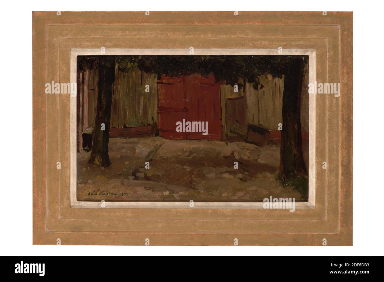 Gemälde, Floris Verster, 1902, Signatur vorne, unten links: Floris Verster 1902, Tafel, Ölfarbe, bemalt, Träger: 29.5 × 45.7 × 0,3cm (295 × 457 × 3mm), mit Rahmen: 45 61.2 × 3,4cm (450 × 612 × 34mm), Dorfansicht, Gebäude, Arbeitszimmer, Baum, borger, Arbeitszimmer einer Scheune in Borger. Die braune Holztür der Scheune ist in der Mitte der Vorstellung zu sehen. Rechts neben der Tür befindet sich eine Schubkarre. Im Vordergrund links und rechts stehen Bäume vor dem Schuppen. Die Stämme und der untere Rand der Blätter der Bäume sind zu sehen. Signiert unten links Stockfoto