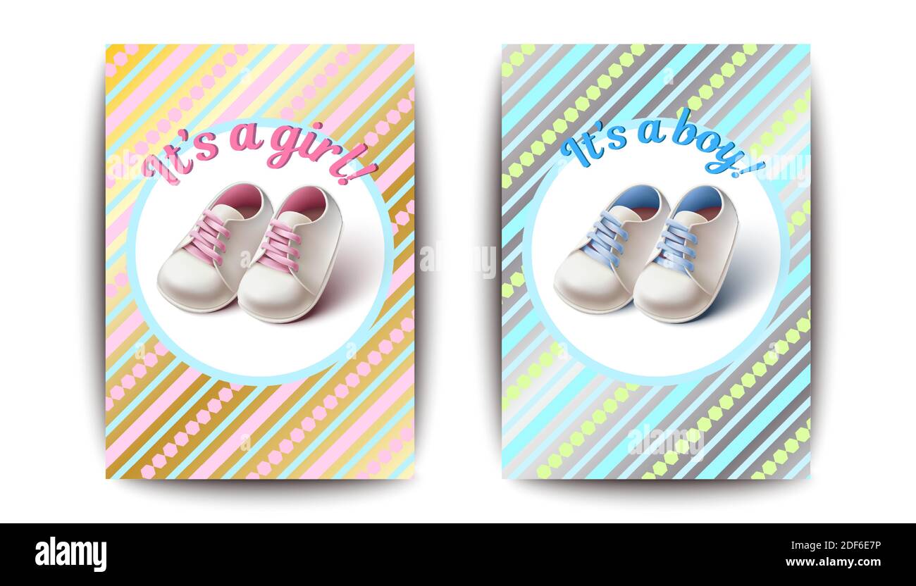 Baby Junge und Mädchen Poster Set, Einladungskarte in niedlichen Pastellfarben. Festliche Baby Ankunft oder Baby-Dusche-Stiefel und Schriftzug Grußkarte. Stock Vektor
