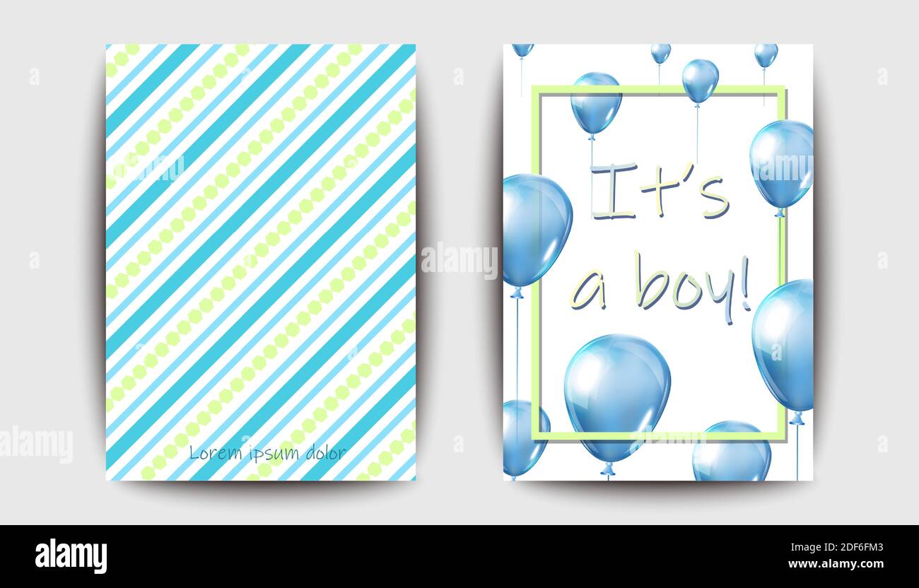 Baby Boy Poster Set, Einladungskarte in niedlichen Pastellfarben. Festliche Baby Ankunft oder Baby-Dusche-Ballons und Schriftzug Grußkarte. Stock Vektor