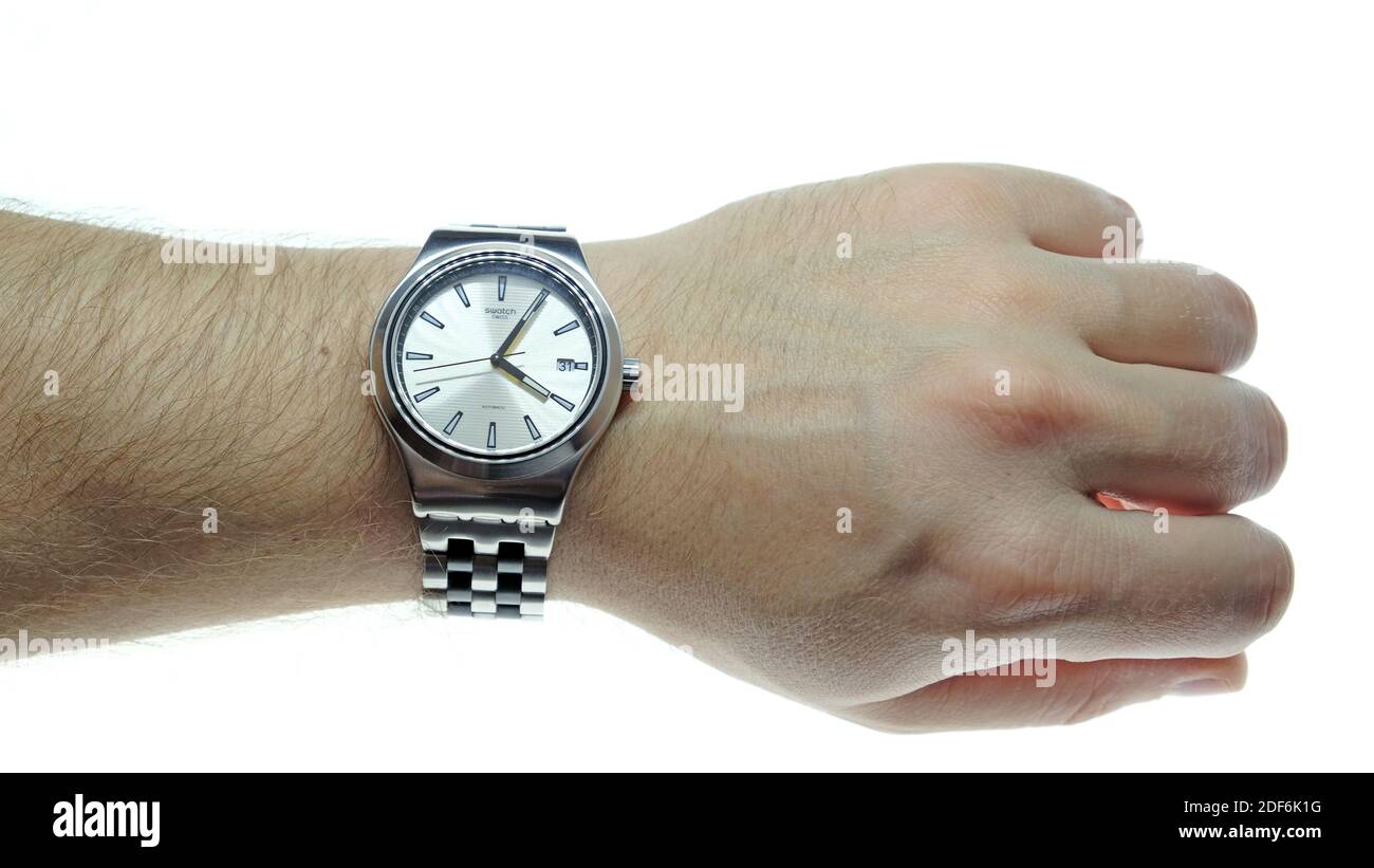 Swatch Uhr auf der Hand Stockfoto