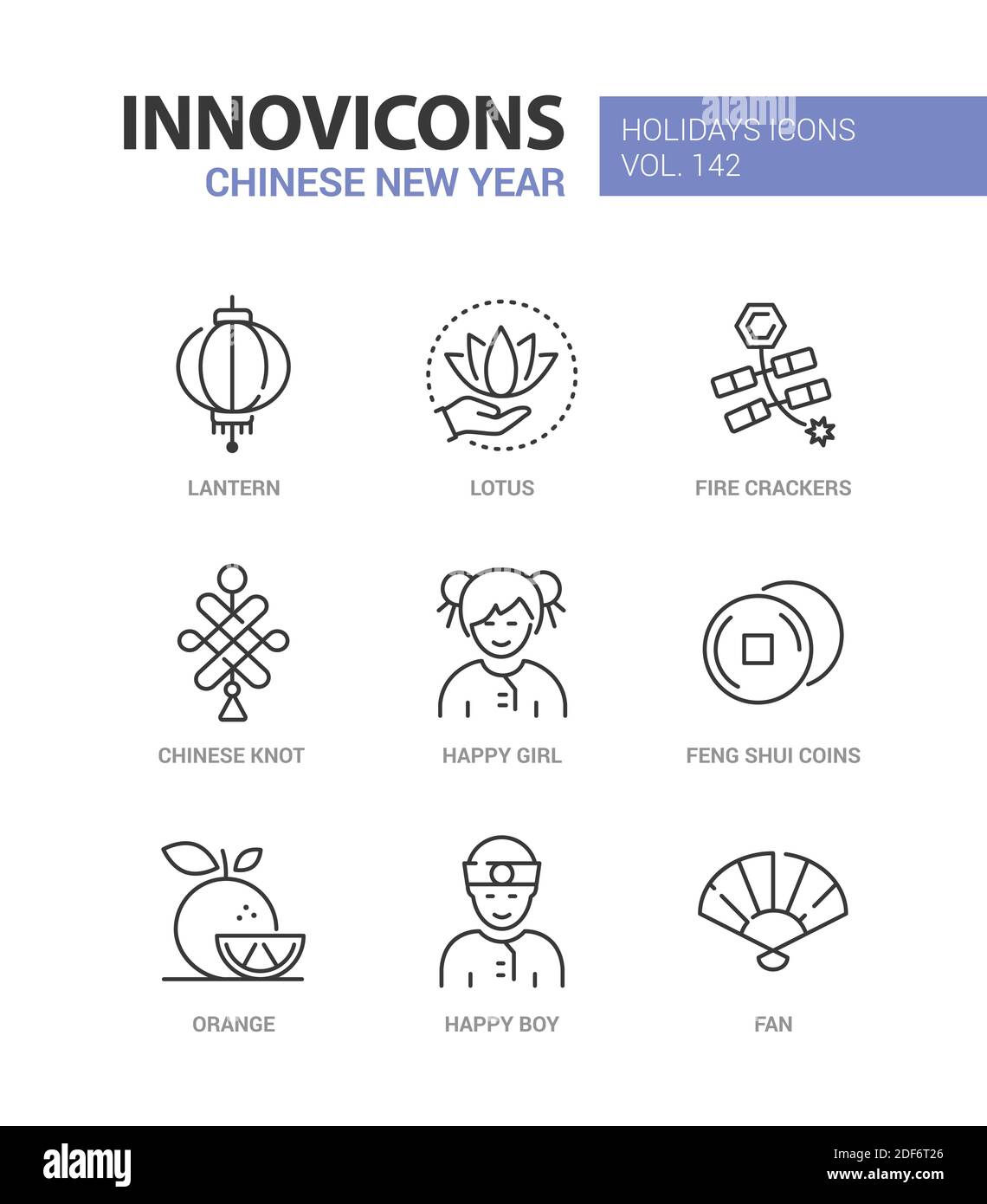 Chinese New Year - Bunte Linie Design Stil Symbole gesetzt. Feiertagssymbole, Kultur und nationale Traditionen Idee. Laterne, Lotus, Feuercracker, Knoten, h Stock Vektor