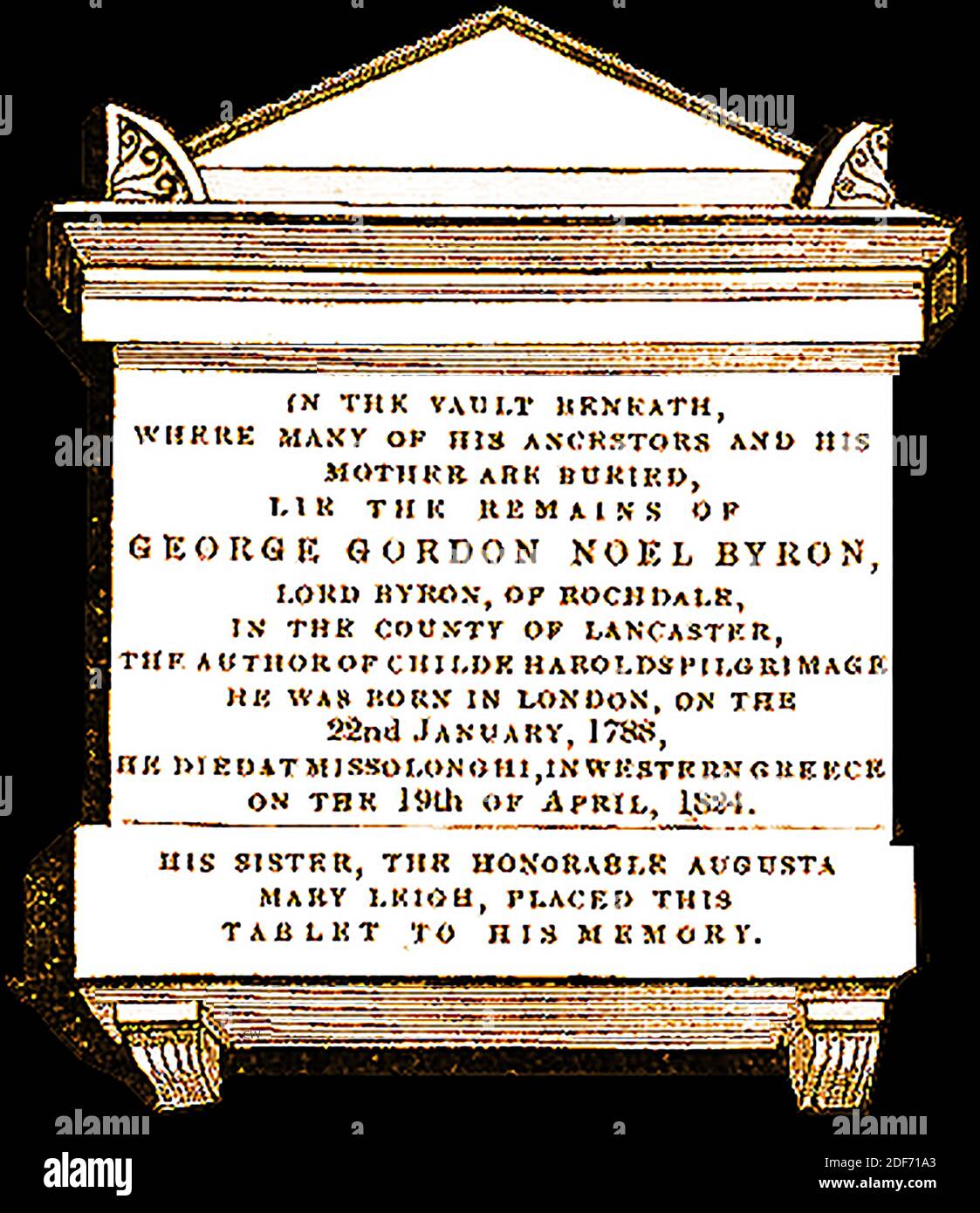 Gedenktafel über dem Grab von Lord Byron (George Gordon Noel Byron - Lord Byron von Rochdale), Peer, Dichter und Politiker, in St. Mary Magdalene Kirche Hucknall, Nottinghamshire, England im Jahr 1842. Er fügte den Namen Noel zu seinem eigenen, um die Hälfte des Besitzes seiner Schwiegermutter Judith Noel, die ehrenvolle Lady Milbanke zu erben Stockfoto