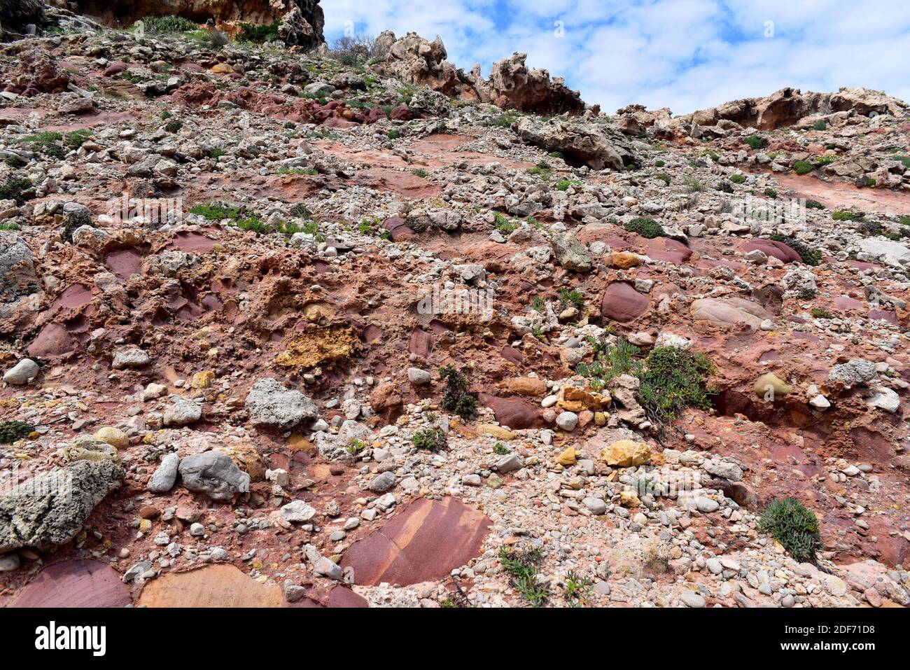 Miozän-Konglomerat. Dieses Foto wurde in Cala Morell, Menorca, Balearen, Spanien aufgenommen. Stockfoto