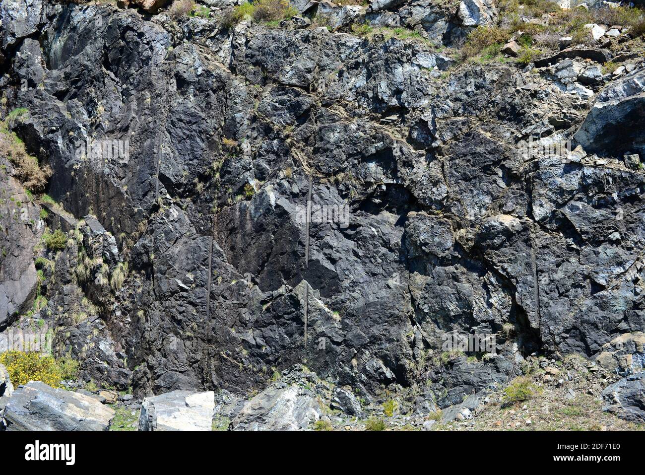 Dunit oder Olivinit ist ein ultramafisches plutonisches Gestein (Peridotit-Gruppe). Dieses Foto wurde in Cabo Ortegal, EINER Provinz von Coruna, Galizien, Spanien aufgenommen. Stockfoto