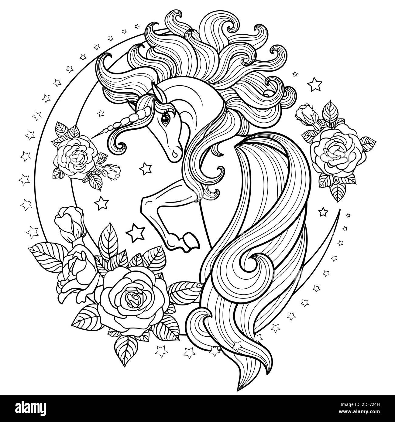 Ein schönes Einhorn mit langer Mähne und Schwanz auf dem Mond unter den Rosen. Schwarzweiß-Bild. Für die Gestaltung von Malbüchern, Postkarten, Tätowierung Stock Vektor