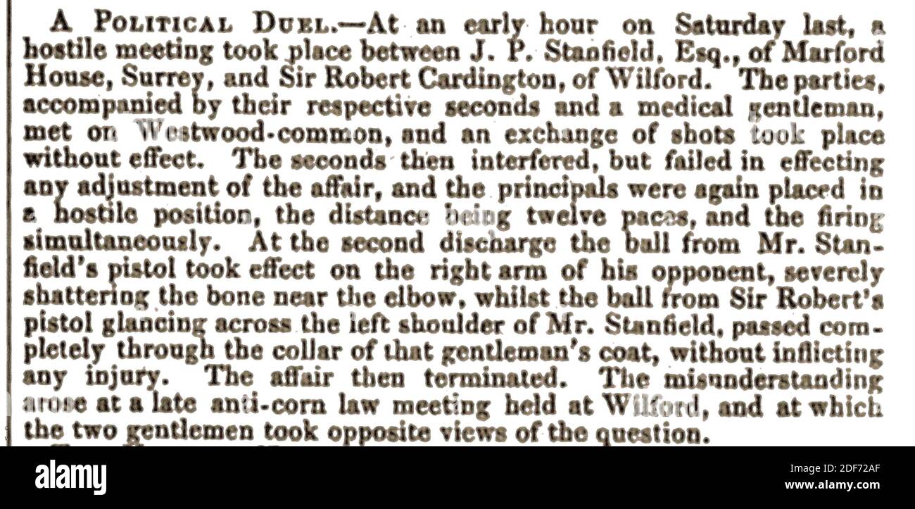 1800ER JAHRE - ARISTOKRATISCHES DUELL MIT 12 SCHRITTEN - PISTOLEN IM MORGENGRAUEN. Ein Zeitungsbericht von 1842 über ein Duell mit Gewehren zwischen J.P.Stanfield Esquire von Marford House Surrey, Großbritannien und Sir Robert Cardington über eine Meinungsverschiedenheit bei einer Ameisenmais-Gesetzesversammlung in Wilford, Nottinghamshire. Cardington wurde in den Arm in der Nähe des Ellbogens verwoben, Stanfield wurde getroffen, aber nur durch seinen Kragen. Stockfoto