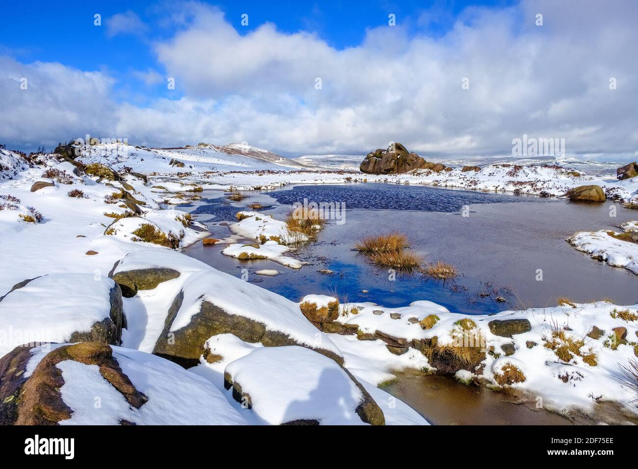 Doxeys Pool auf der Kakerlake im Winterschnee, der Peak District National Park, Großbritannien Stockfoto