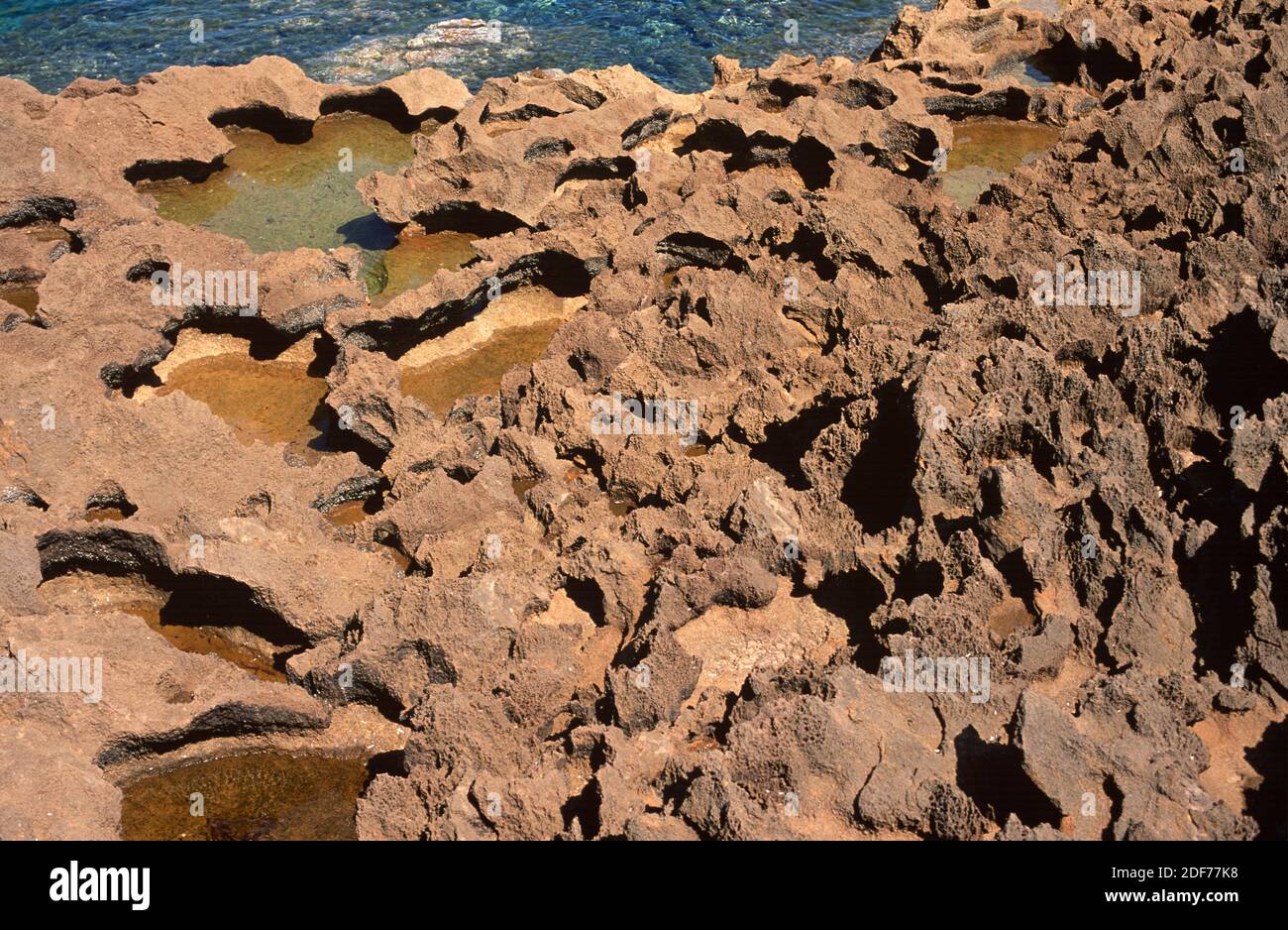 Erodierter Sandstein an der Nordküste Menorcas. Stockfoto