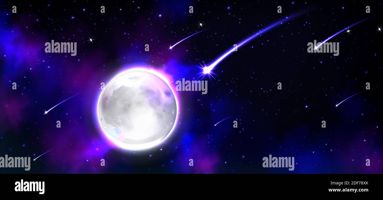 Realistischer Mond im Weltraum mit Sternen und Meteoren, vollmond-Erdsatellit, Phoebe Astrologie detailliertes Objekt mit Kratern, rundes leuchtendes Zifferblatt mit leuchtendem Halo am dunklen Nachthimmel, 3d-Vektordarstellung Stock Vektor