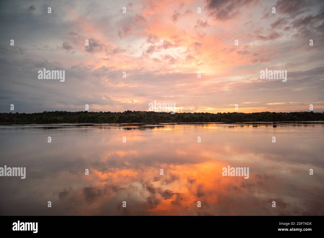 Sonnenaufgang auf dem Rio Negro. Die aufgehende Sonne scheint die Wolken in mystischen roten Farben. Die ganze Szene spiegelt sich im ruhigen Wasser wider. Stockfoto