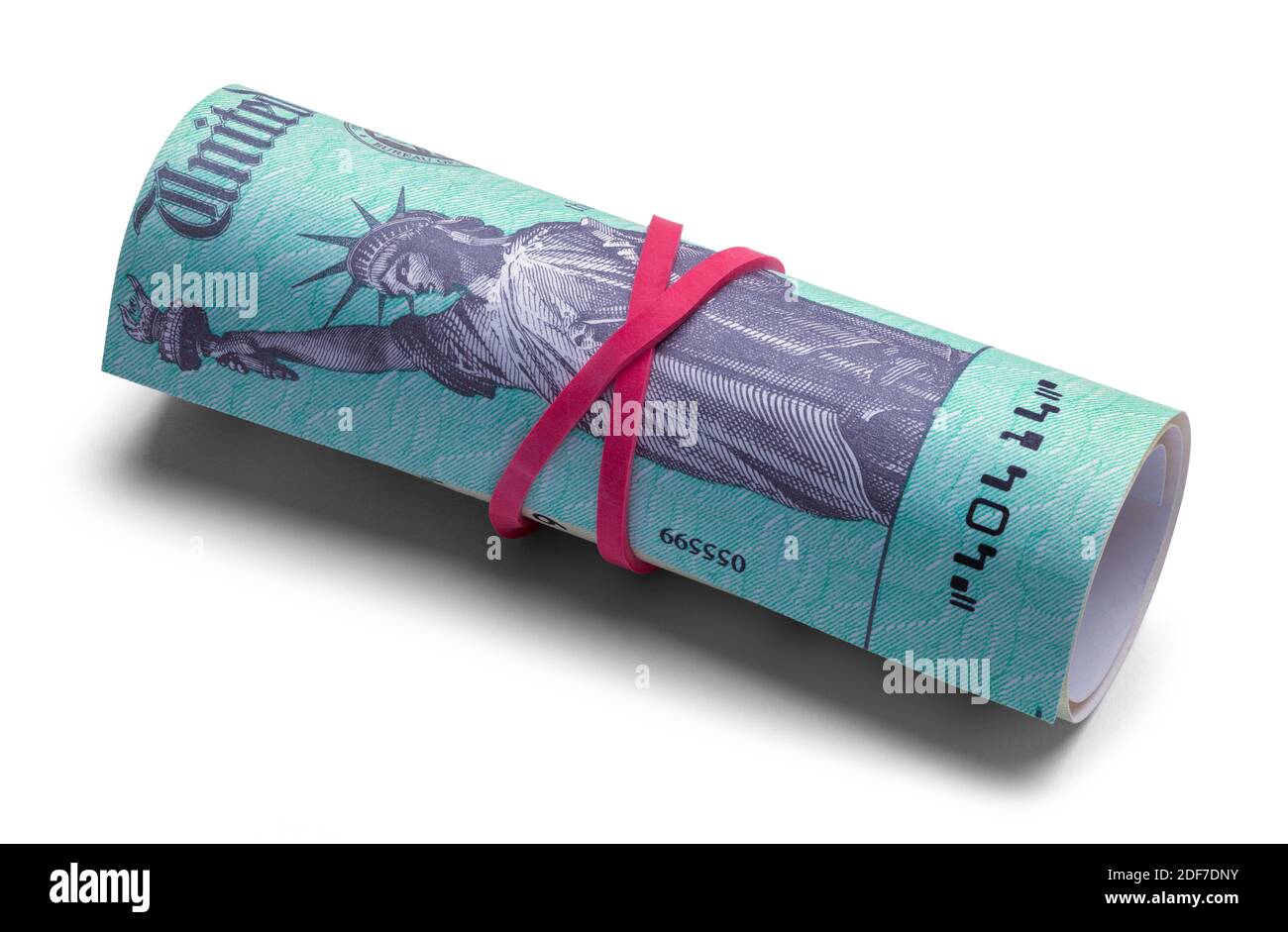 Steuerrückerstattung Check aufgerollt mit rotem Gummiband. Stockfoto