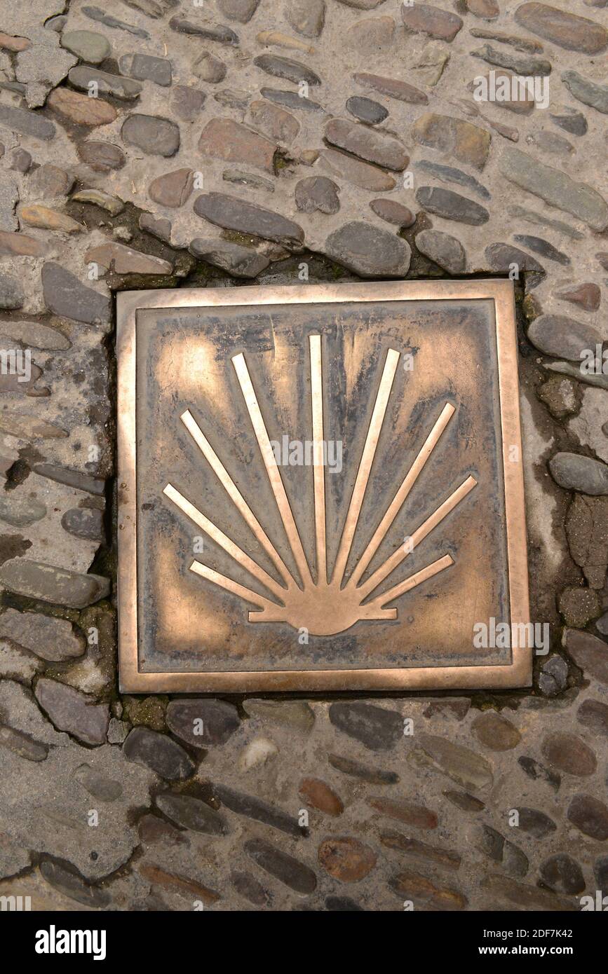 Santo Domingo de la Calzada, Camino de Santiago Straßenschild. La Rioja, Spanien. Stockfoto