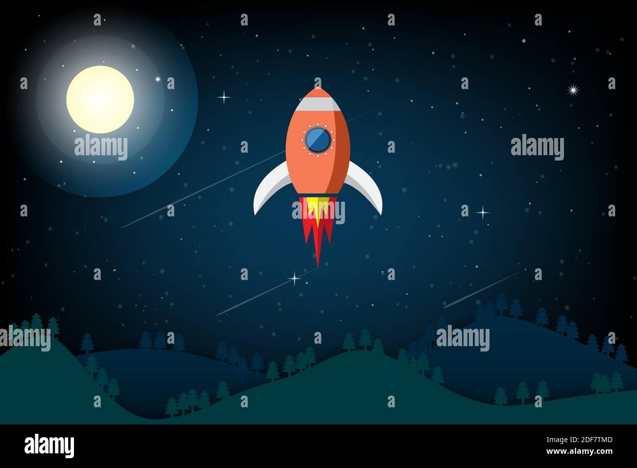 Rakete schießen in Nachthimmel und Mondstern Hintergrund. vektor-Illustration Stock Vektor