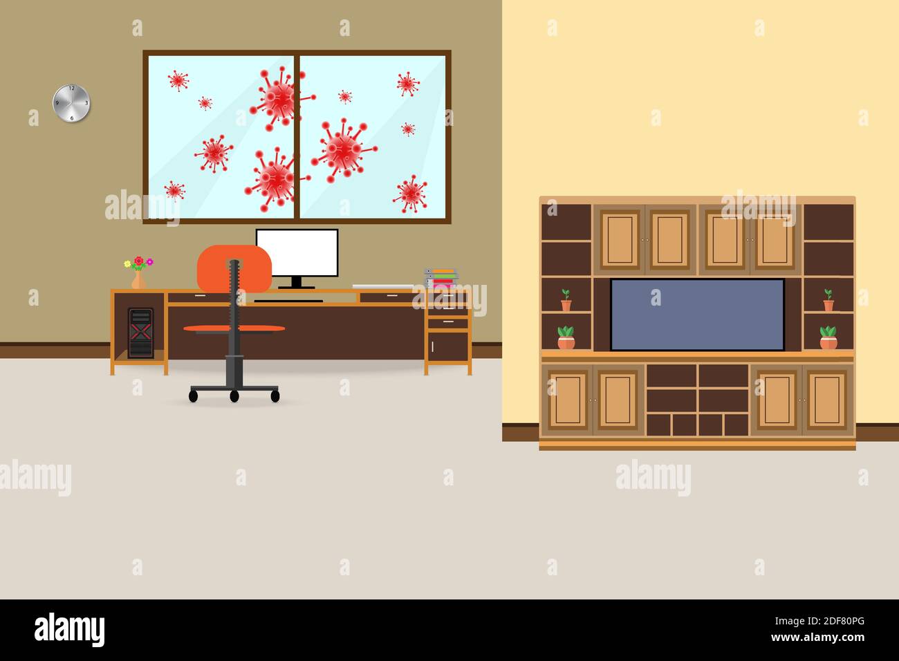 Arbeit von zu Hause verhindern Ausbruch Coronavirus. Concept COVID-19 Virus. vektor-Illustration mit Copy Space Text hinzufügen Stock Vektor