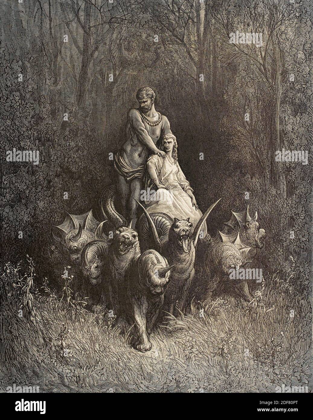 Dante - Divina Commedia - Fegefeuer - Illustration von Gustave Dorè - Canto XXXII - der Riese und die Hure Stockfoto