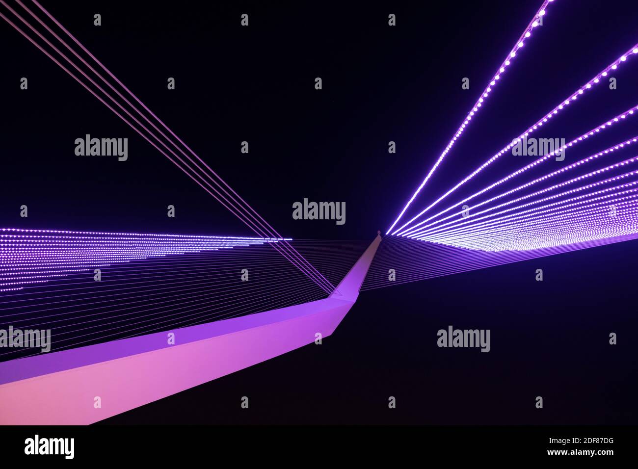 Die Akkorde-Brücke auch als Brücke der Streicher oder Jerusalem Light Rail Bridge von Santiago Calatrava entworfen in lila beleuchtet, um das Bewusstsein für Menschen mit Behinderungen zu erhöhen, positioniert am Haupteingang von Jerusalem in Israel. Der 3. Dezember ist der Internationale Tag der Behinderten. Stockfoto