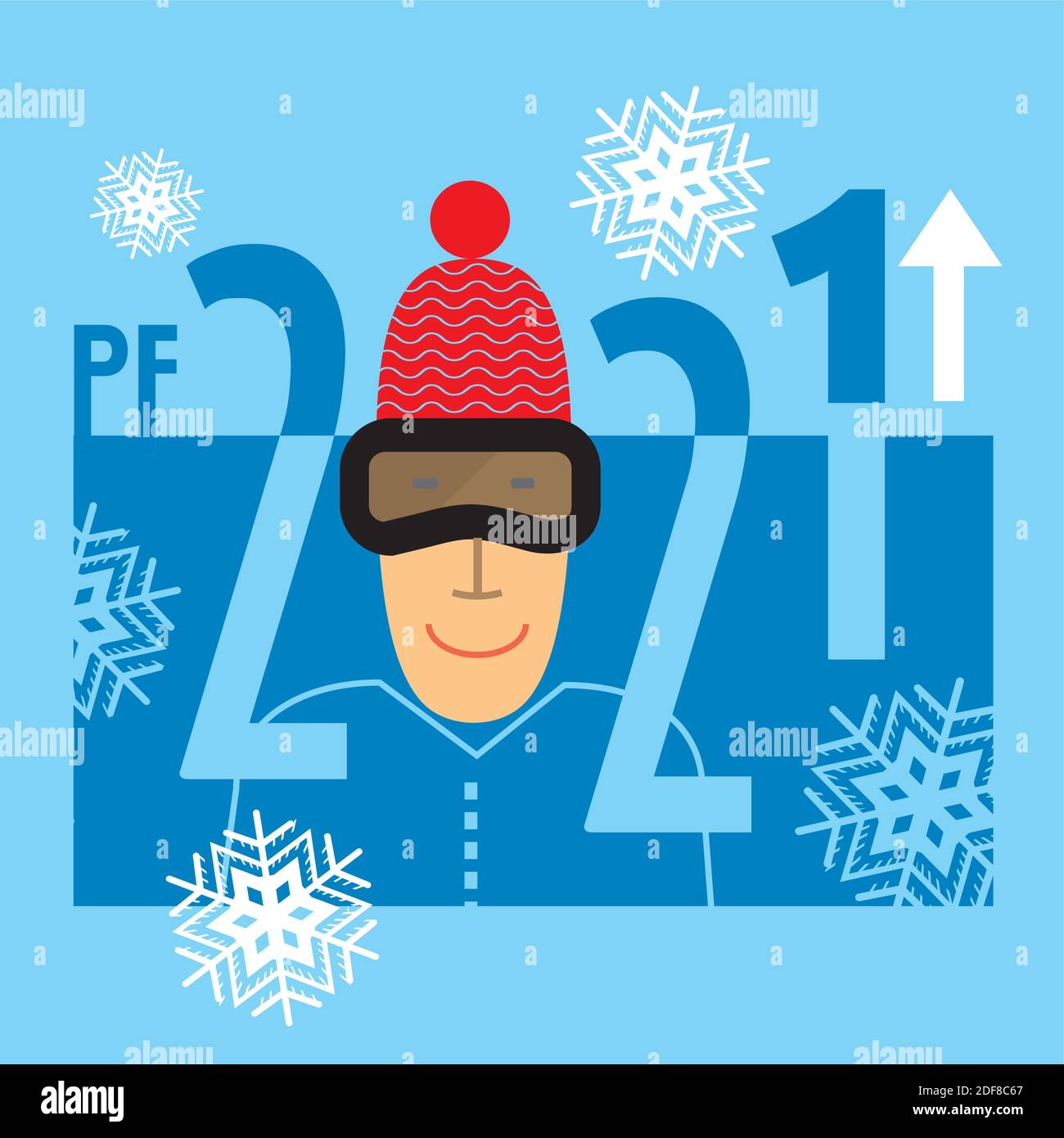 Neujahr lustige Grußkarte 2021, Skifahrer, Schneeflocken. PF-Karte mit der Nummer 2021 auf Schneeflocke Hintergrund mit Mann mit Skibrille. Vektor verfügbar. Stock Vektor