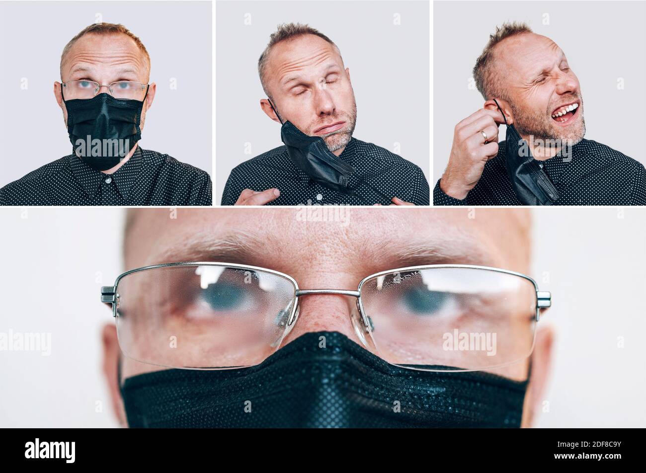 Collage Porträts eines müden Mannes, der während einer COVID-19-Weltpandemie eine schwarze Gesichtsmaske abzieht und die Kamera in einer vernebelten Brille betrachtet. Selbstschutz Stockfoto