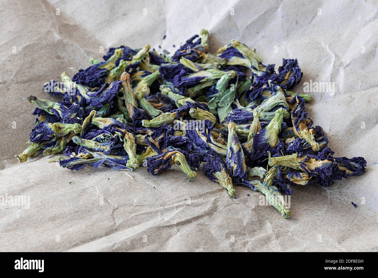 Selektives Fokusfoto von Anchan Blume Kräutertee Clitoria ternatea, auf einem Blatt Kraftpapier Stockfoto