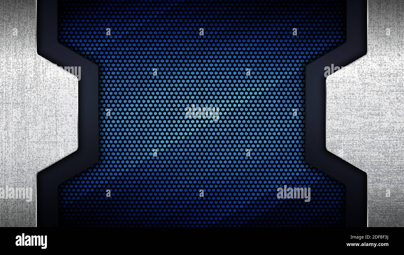 Vector Illustration der abstrakten Edelstahl Blech mit grunge Overlay metallische Textur und hexagonalen Raster über Blau hellen Hintergrund Stock Vektor