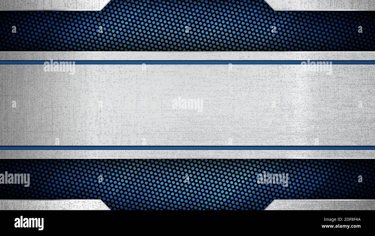 Vector Illustration der abstrakten Edelstahl Blech mit grunge Overlay metallische Textur und hexagonalen Raster über Blau hellen Hintergrund Stock Vektor
