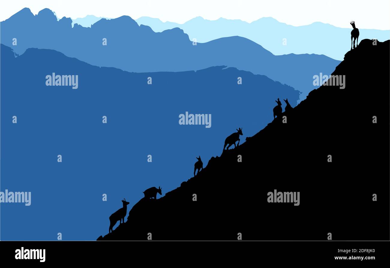 Schwarze Silhouetten von Gesimsen klettern bergauf, Berge im Hintergrund. Abbildung. Stock Vektor