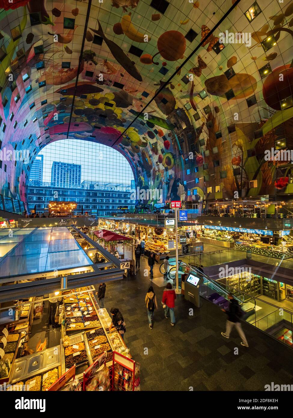 Rotterdam Markthal Rotterdam Markthalle Interior eröffnet 2014, eine große Markthalle mit Wohnwohnungen und Büros darüber. Architekt MVRDV Stockfoto