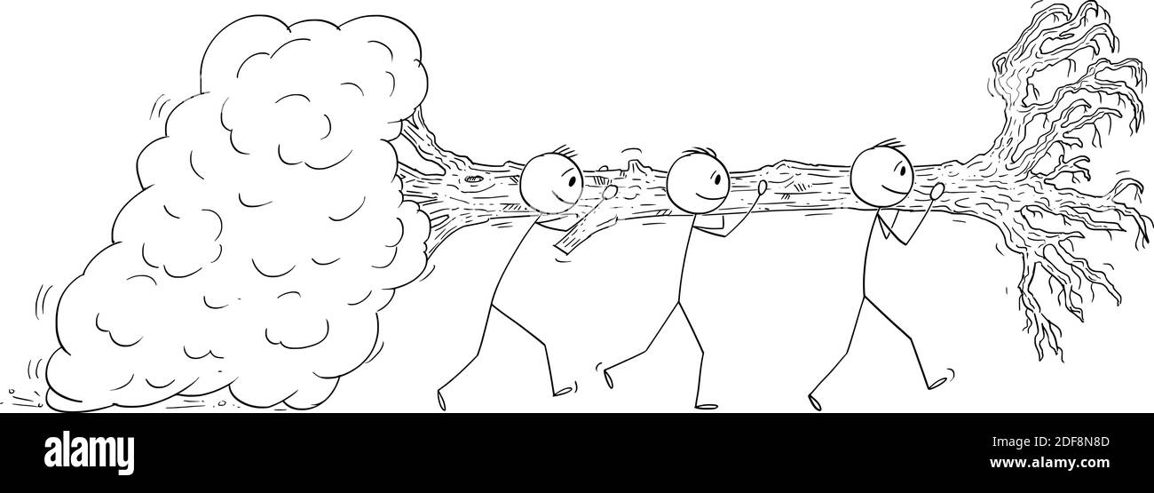 Vektor Cartoon Stick Figur Illustration der Gruppe von Männern tragen und bewegen ausgewachsenen Baum zu Pflanzen oder umpflanzen it.Concept der Natur, Ökologie, Ökosystem oder Klimawandel. Stock Vektor