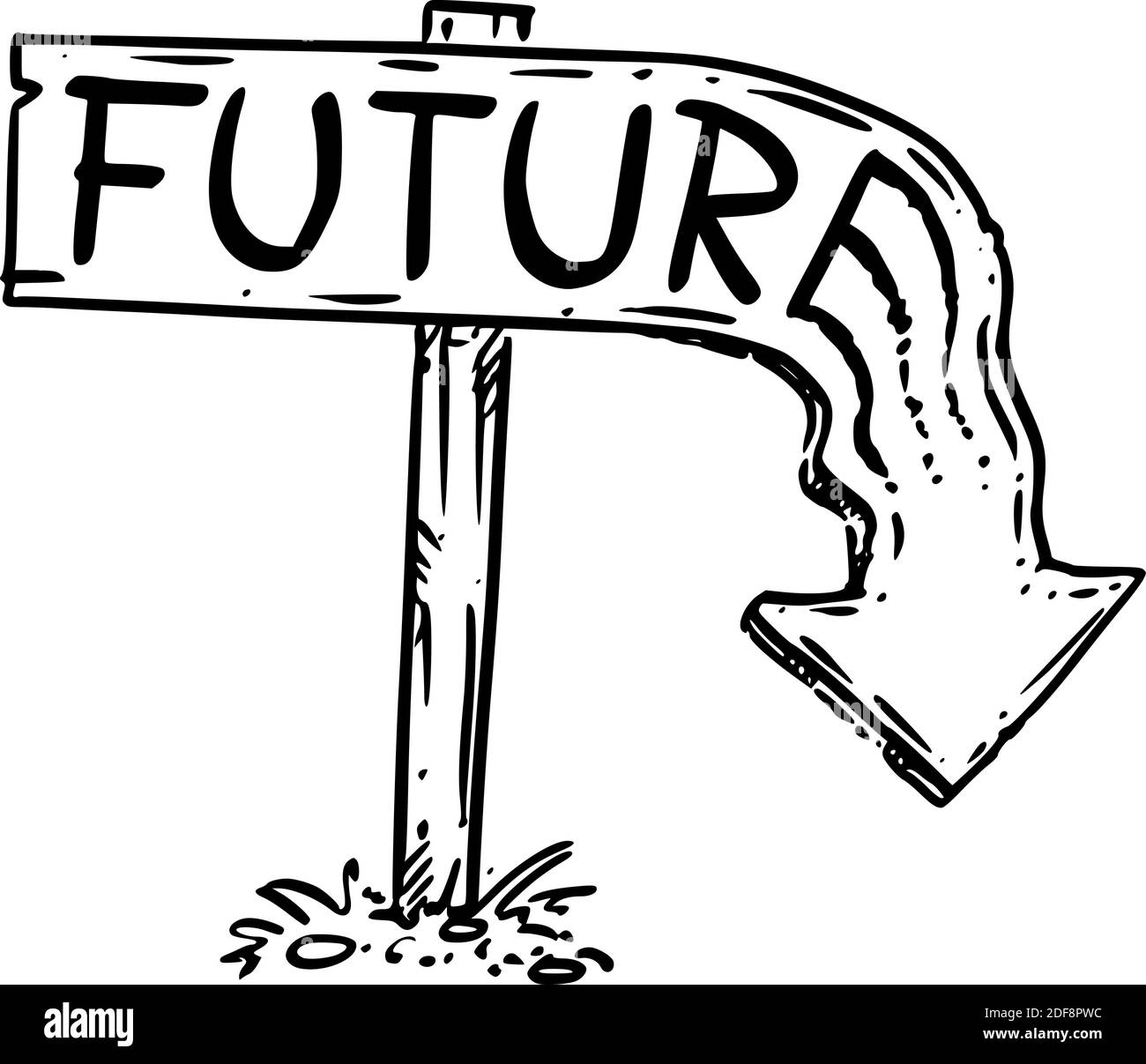 Vektor-Cartoon-Illustration der Zukunft Pfeil Zeichen geschmolzen und zeigt nach unten, Konzept der keine menschliche Zukunft, Ende der Zivilisation oder Zeit, Zerstörung, Katastrophe oder Katastrophe. Stock Vektor