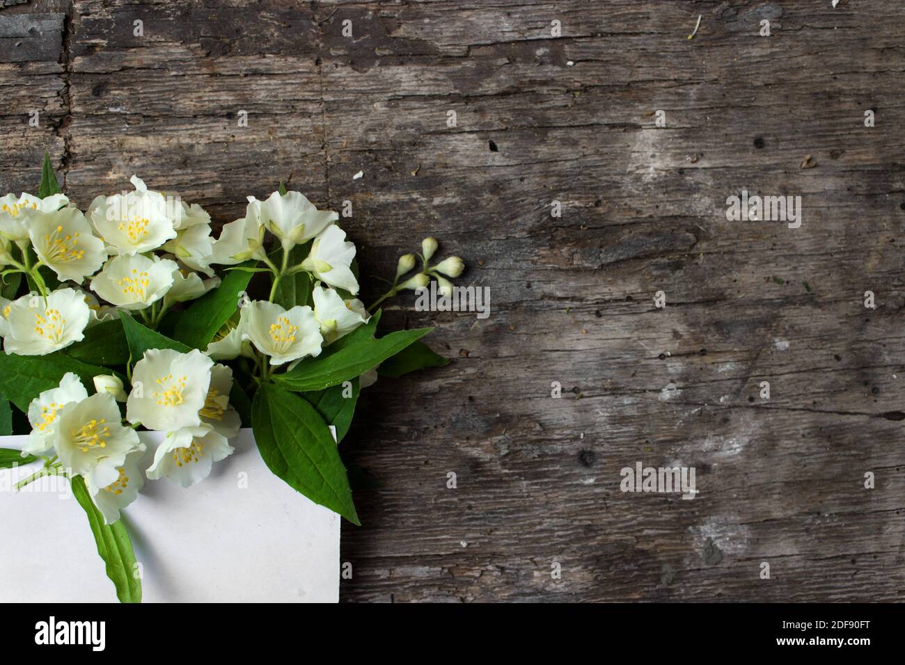 Weiße kleine Rosen auf grauem Hintergrund, Platz für Text. Geblümte Grußkarte Mockup. Hochzeitseinladung, glücklicher Muttertag oder Valentinstag Konzept. Hallo Stockfoto