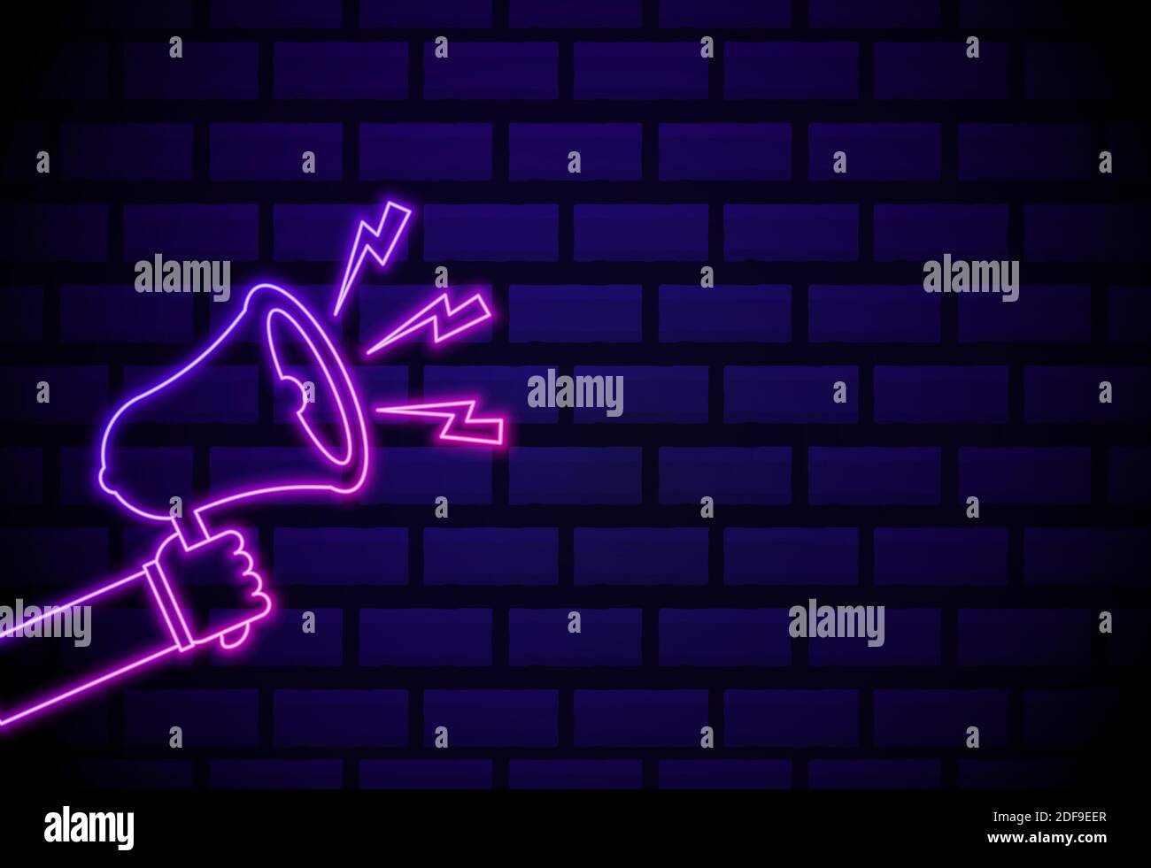 Hand mit Lautsprecher Neonschild. Hell leuchtendes Symbol auf einem dakr Ziegelsteinwand Hintergrund. Symbol im Neon-Stil Stock Vektor