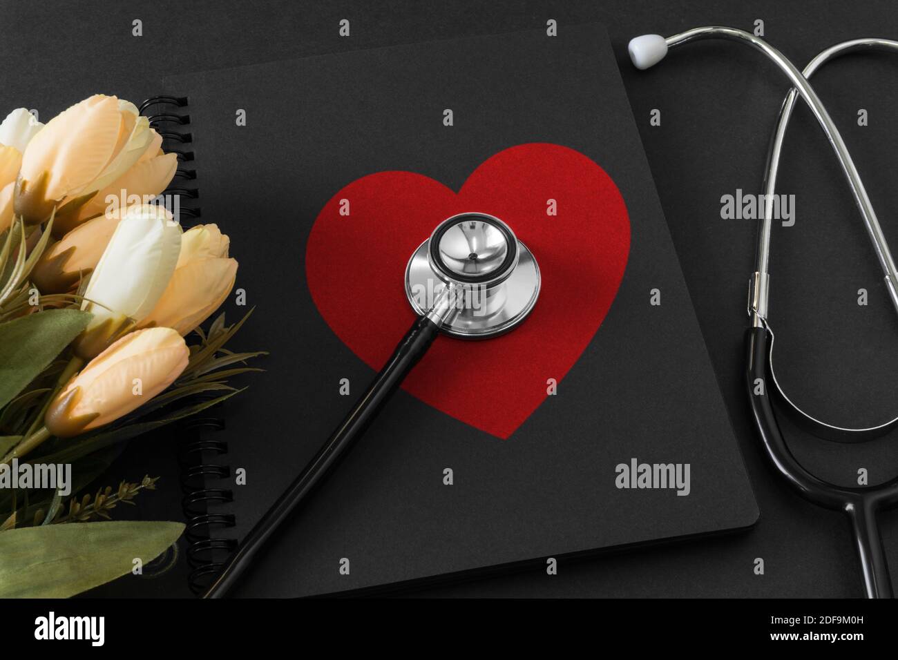 Stethoskop auf Notizbuch mit roter Herzform. Stockfoto