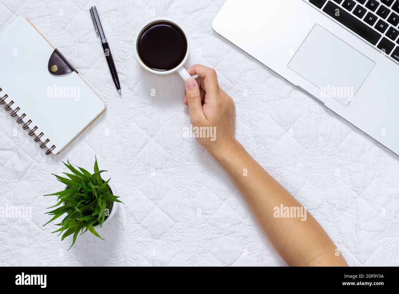 Frau Hand hält Kaffeetasse auf Tisch mit Laptop und Spiral-Notebook. Stockfoto