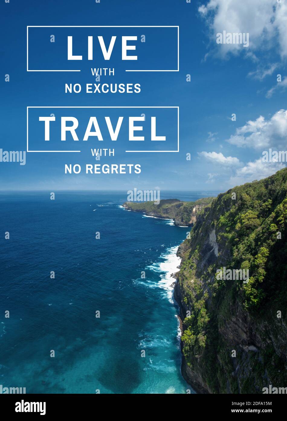 Inspirierende und motivierende Reisezitate. Landschaft Hintergrund und Reisen Weisheit sagen. Stockfoto