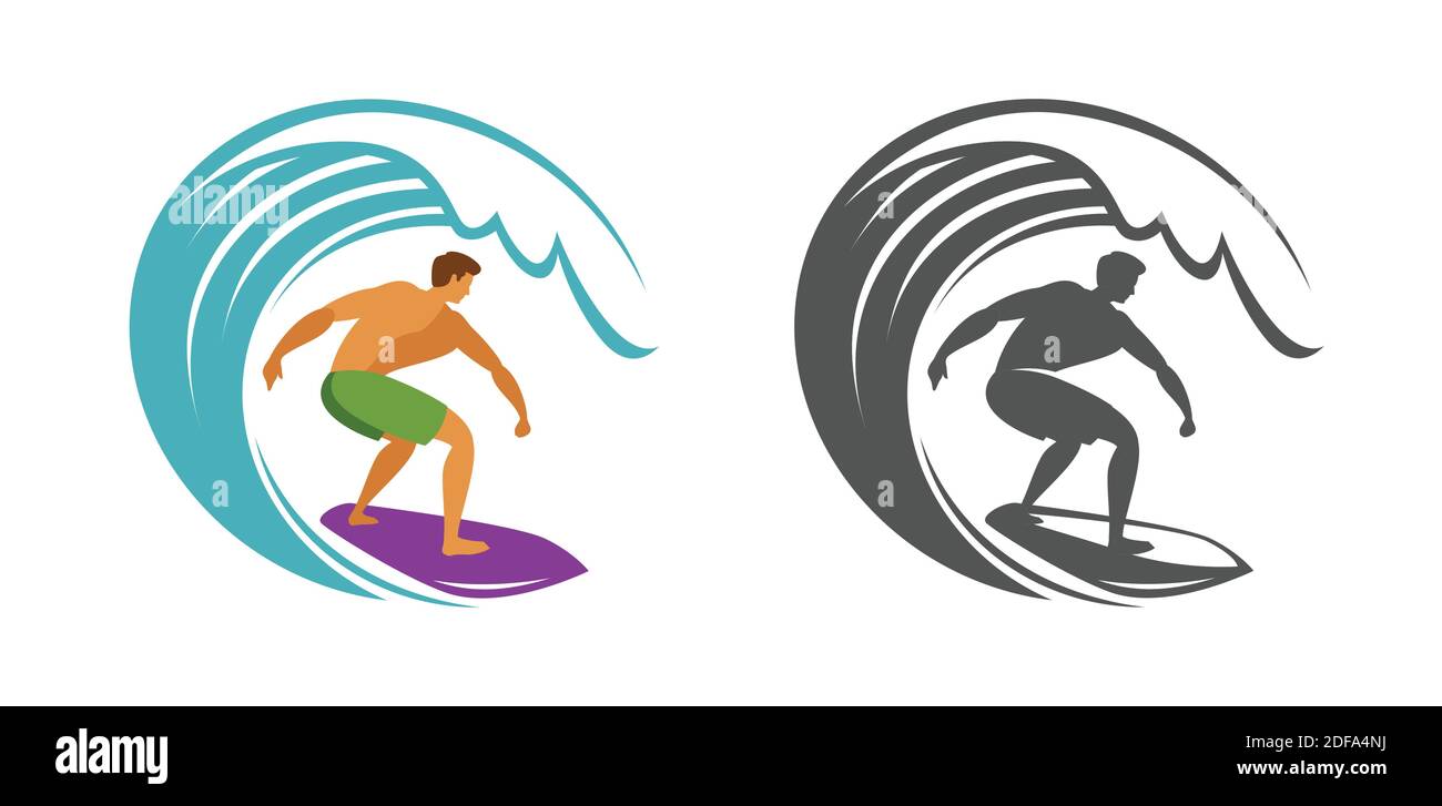 Symbol „Surfen“. Vektorgrafik Surfer und Wellenemblem Stock Vektor
