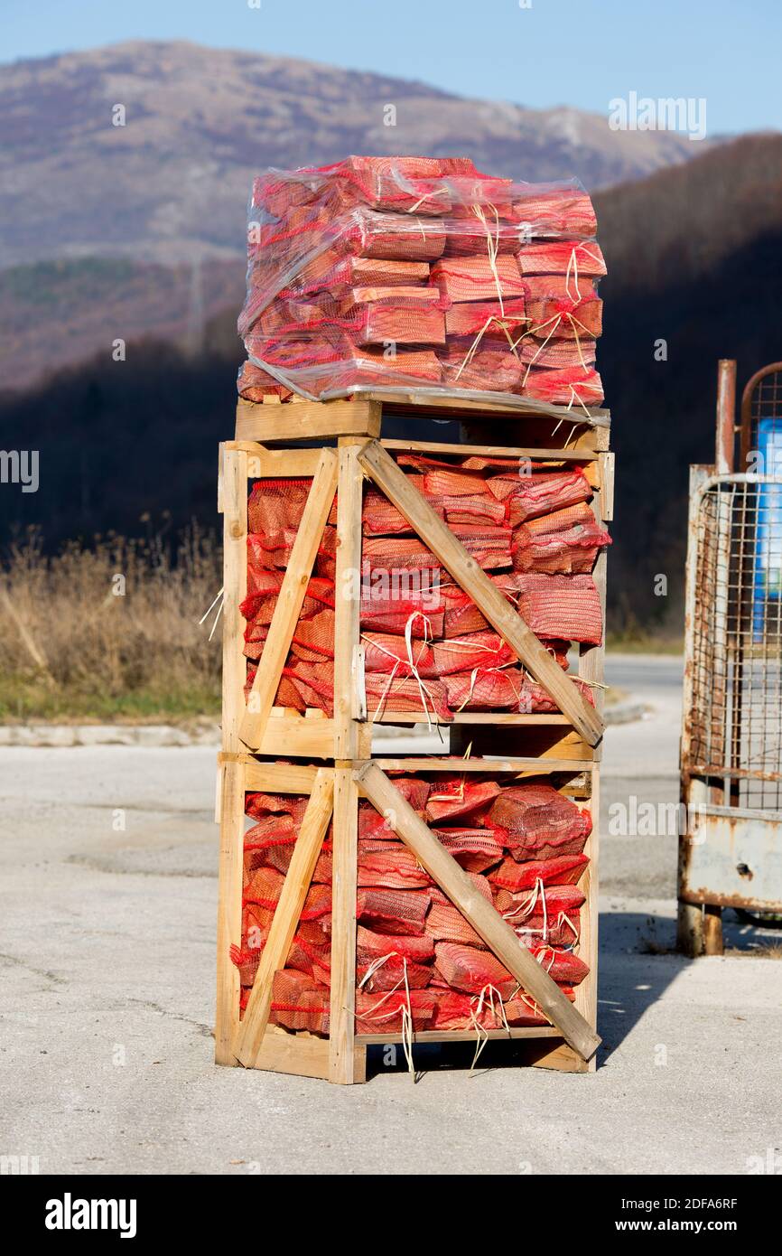 Holzpalette gefüllt mit Brennholz Stockfoto