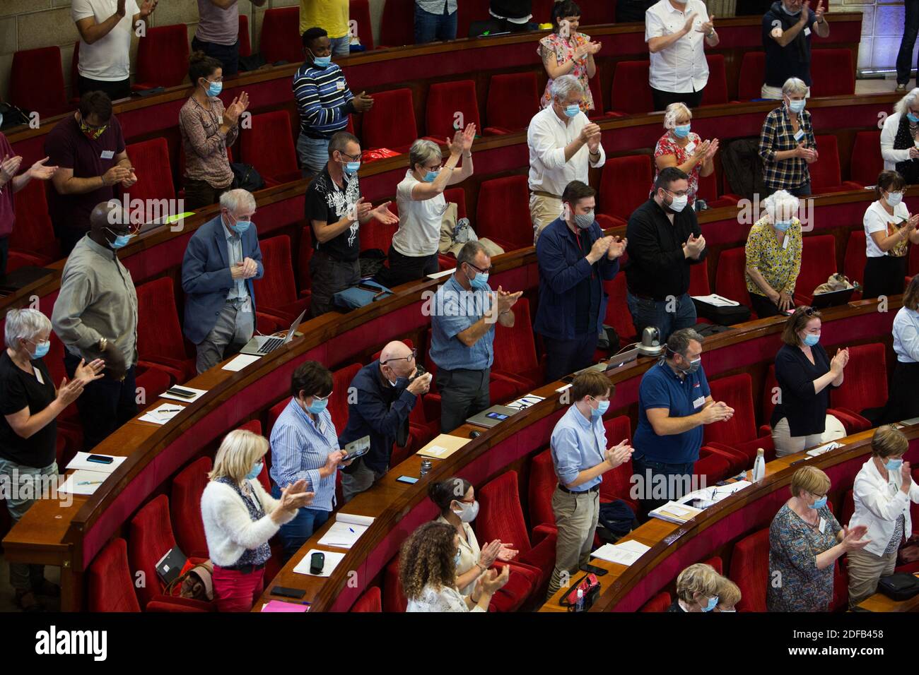 Abschluss im Plenarsaal des CESE am letzten Tag der Bürgerkonvention zum Klima (Convention citoyenne pour le climat) am 21. Juni 2020. Foto von Raphael Lafargue/ABACAPRESS.COM Stockfoto