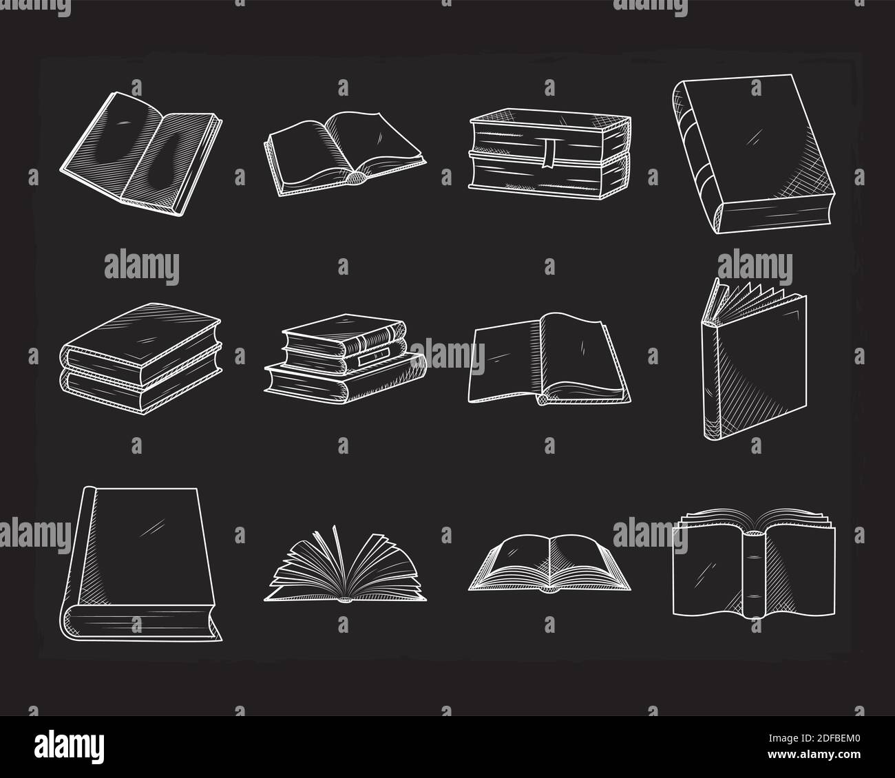 Hand zeichnen Bücher Symbol auf schwarzem Hintergrund gesetzt, Vektor-Illustration Stock Vektor