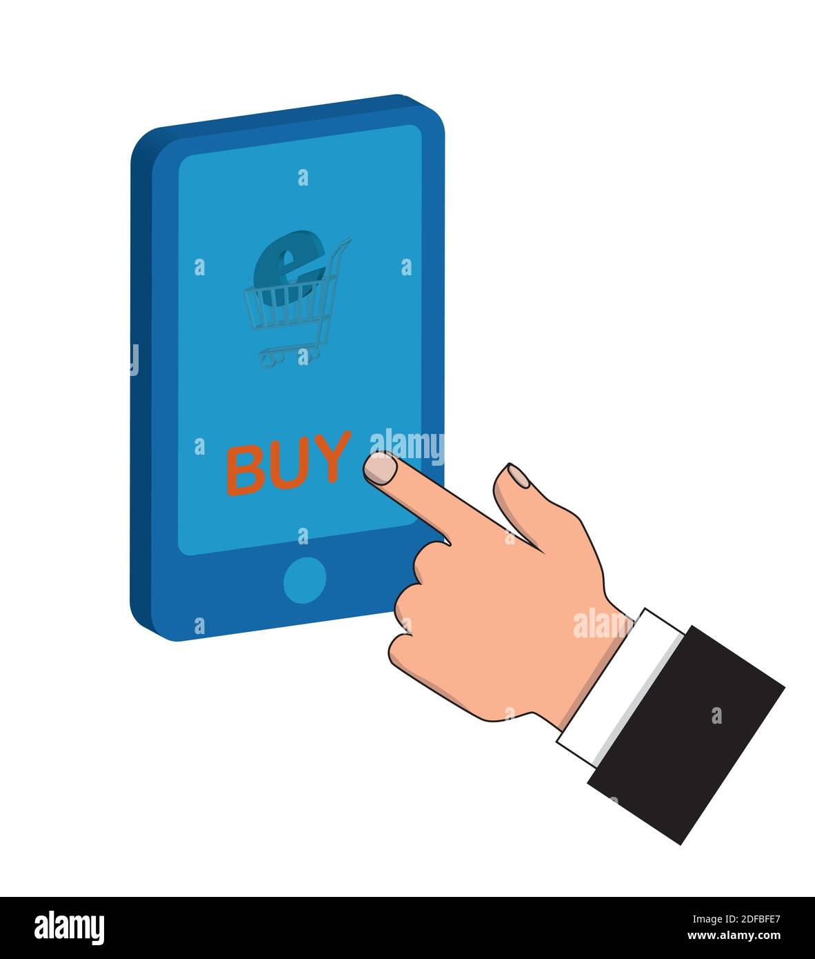 Hand drücken Sie eine Buy-Taste auf dem Handy. E-Commerce-Konzept. Vektorgrafik. Stock Vektor