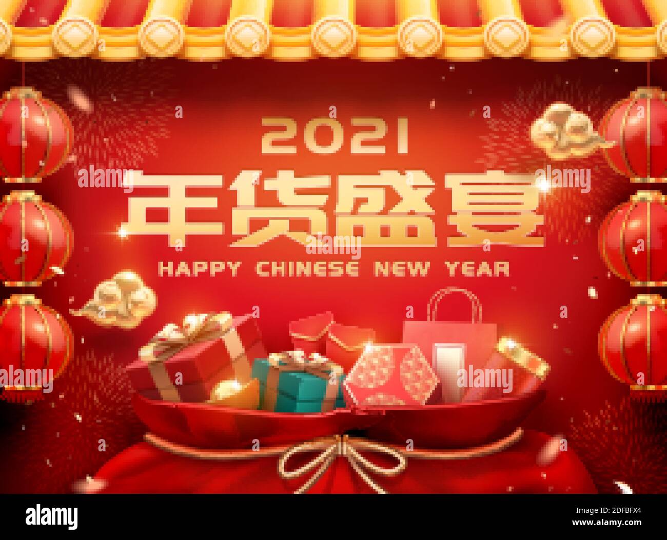 Red Fortune Tasche voller Geschenkboxen und Papiertaschen auf chinesischem Dach Hintergrund in 3d-Illustration, Text: CNY Shopping Festival Stock Vektor