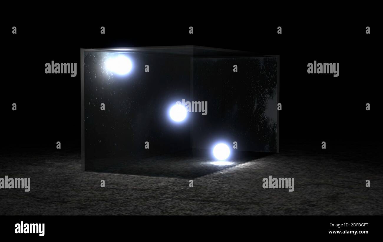 Drei Kristallkugeln mit leuchtendem Licht in einer transparenten Glasbox, 3D Render Stockfoto
