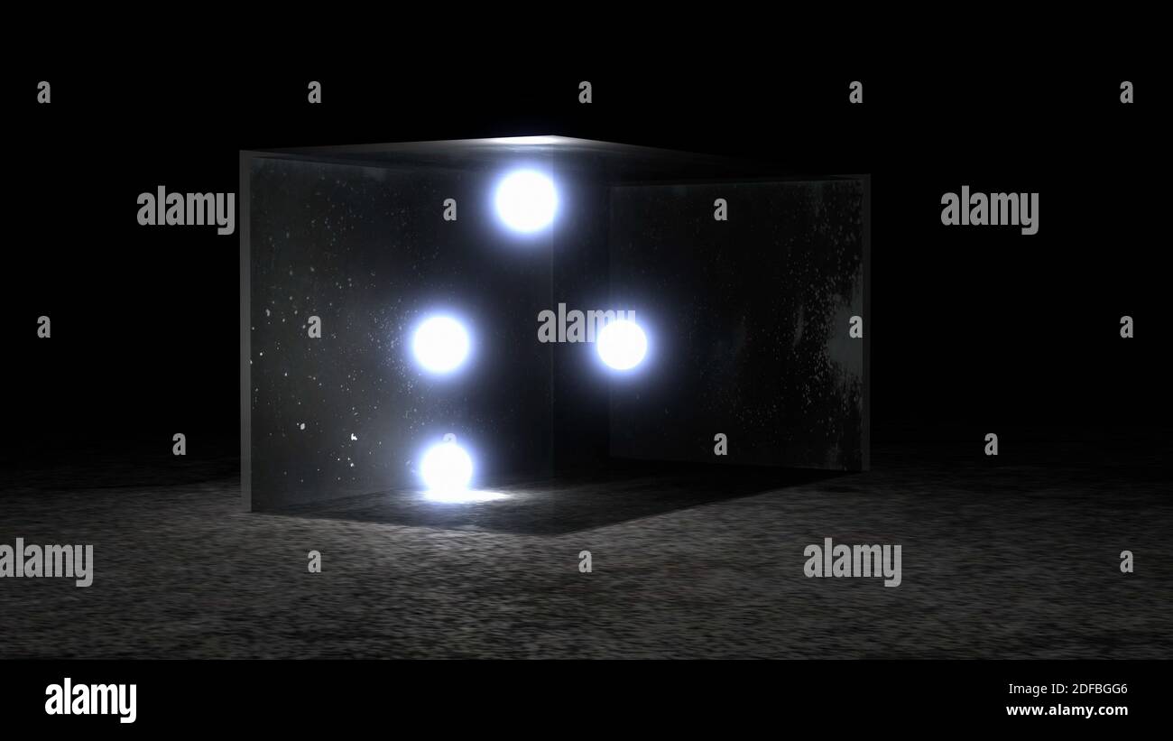 Nahaufnahme von vier Kristallkugeln mit leuchtendem Licht in einer transparenten Glasbox, 3D-Rendering Stockfoto