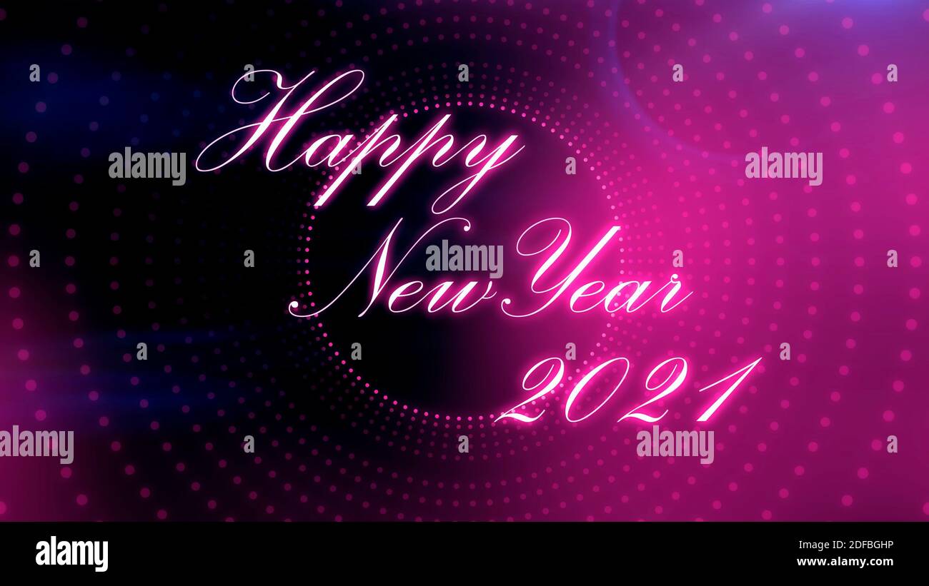 Happy New Year Präsentation mit 3D-Text und Beleuchtung Licht Illusionen im Hintergrund, Neujahr Feier Stockfoto