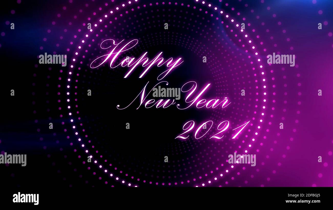 Happy New Year Präsentation mit 3D-Text und Beleuchtung Licht Illusionen im Hintergrund, Neujahr Feier Stockfoto