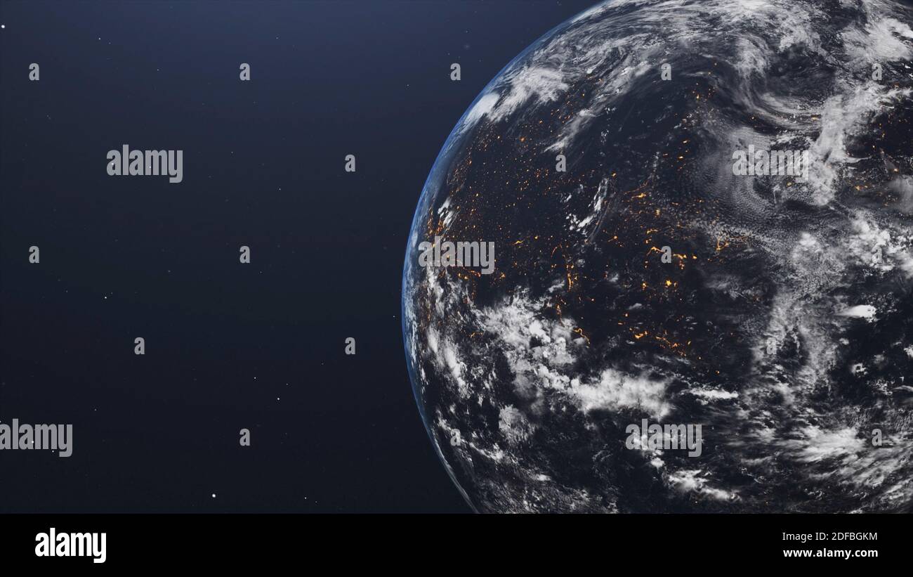 Schöne Ansicht der Erde aus der Erdumlaufbahn. Nachtansicht aus dem Weltraum, mit leuchtenden Lichtern auf der Erdoberfläche, Planet Erde aus dem Weltraum, Raum, Flugzeug Stockfoto